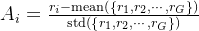 A_{i}=frac{r_{i}-operatorname{mean}left(left{r_{1}, r_{2}, cdots, r_{G}
ight}
ight)}{operatorname{std}left(left{r_{1}, r_{2}, cdots, r_{G}
ight}
ight)}
