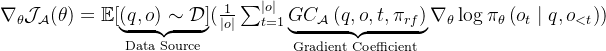 
abla_{	heta} mathcal{J}_{mathcal{A}}(	heta)=mathbb{E}[縛brace{(q, o) sim mathcal{D}]}_{	ext {Data Source }}(frac{1}{|o|} sum_{t=1}^{|o|} 縛brace{G C_{mathcal{A}}left(q, o, t, pi_{r f}
ight)}_{	ext {Gradient Coefficient }} 
abla_{	heta} log pi_{	heta}left(o_{t} mid q, o_{<t}
ight))