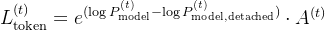 L_{	ext{token}}^{(t)} = e^{(log P_{	ext{model}}^{(t)} - log P_{	ext{model,detached}}^{(t)})} cdot A^{(t)}